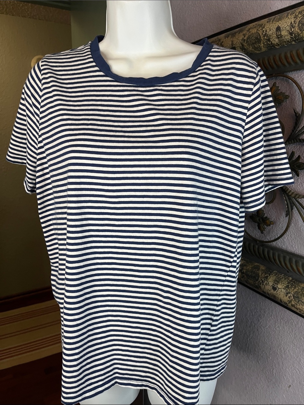 Ella Moss Navy & White Striped Short Sleeve Tee Sz L